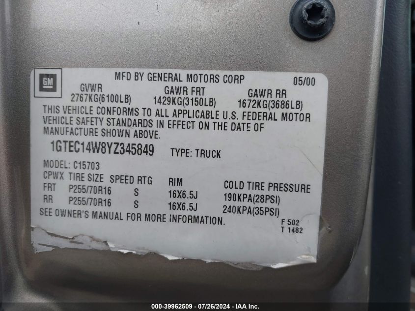2000 GMC Sierra 1500 Sl VIN: 1GTEC14W8YZ345849 Lot: 39962509