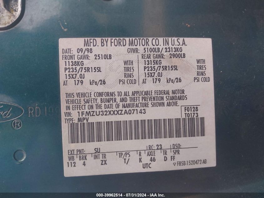 1999 Ford Explorer Xl/Xlt VIN: 1FMZU32XXXZA07143 Lot: 39962514