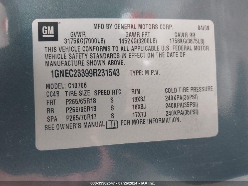 2009 Chevrolet Tahoe Lt1 VIN: 1GNEC23399R231543 Lot: 39962547