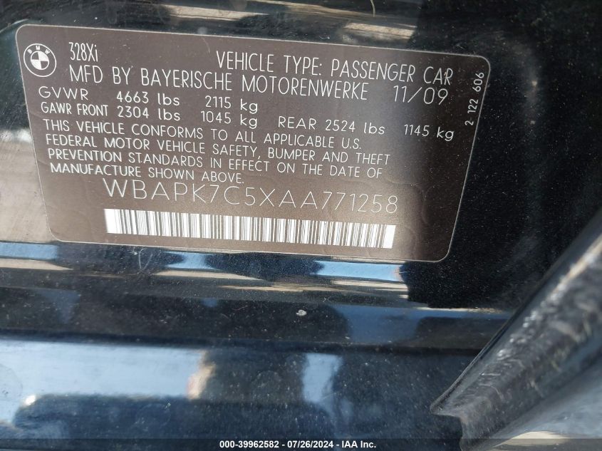2010 BMW 328I xDrive VIN: WBAPK7C5XAA771258 Lot: 39962582