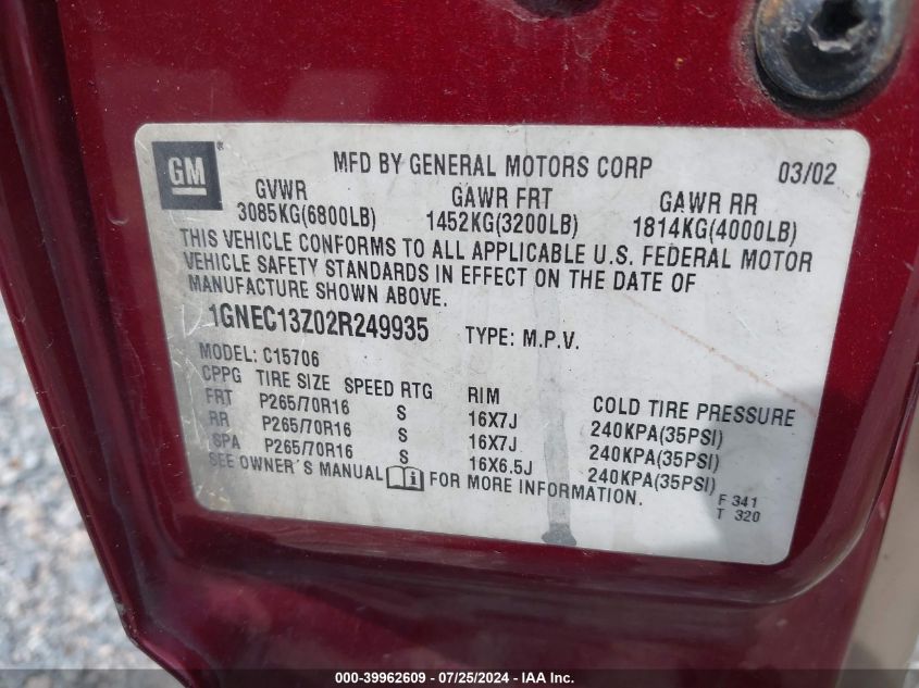 2002 Chevrolet Tahoe Lt VIN: 1GNEC13Z02R249935 Lot: 39962609