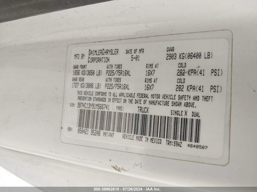 2001 Dodge Ram 1500 VIN: 3B7HC13Y91M566741 Lot: 39962610