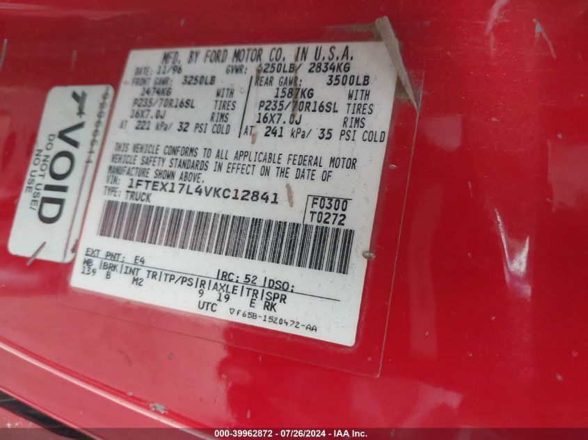 1997 Ford F-150 Lariat/Xl/Xlt VIN: 1FTEX17L4VKC12841 Lot: 39962872