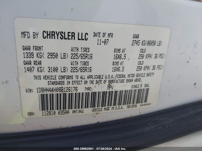 2008 Dodge Grand Caravan Se VIN: 1D8HN44H08B126176 Lot: 39962891