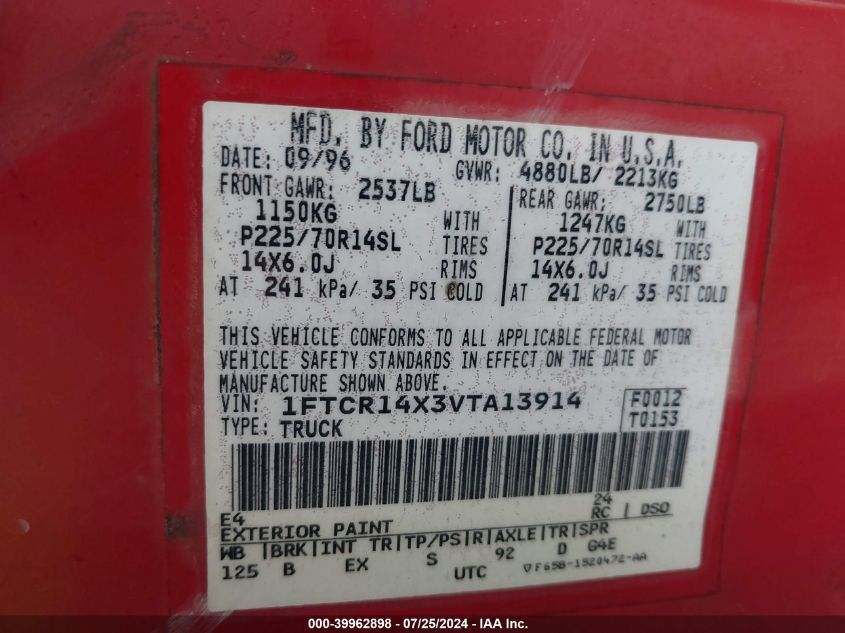 1997 Ford Ranger Splash/Xlt VIN: 1FTCR14X3VTA13914 Lot: 39962898