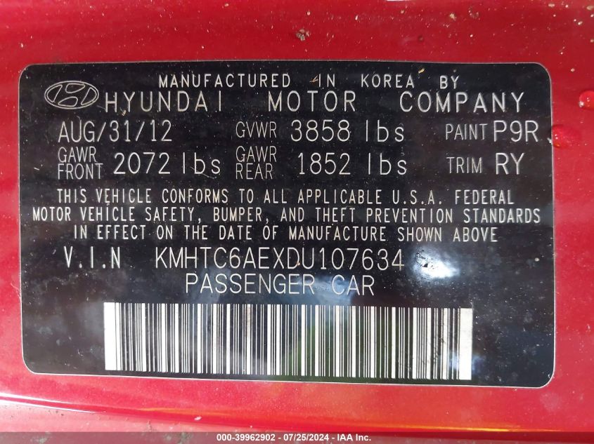 2013 Hyundai Veloster Turbo W/Black VIN: KMHTC6AEXDU107634 Lot: 39962902