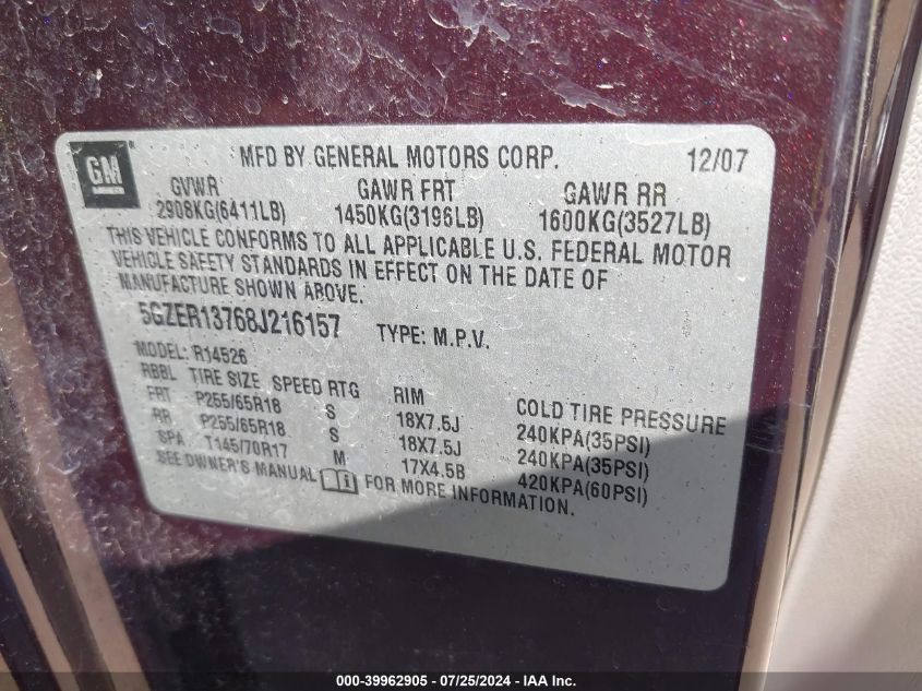 2008 Saturn Outlook Xe VIN: 5GZER13768J216157 Lot: 39962905