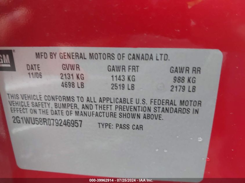2007 Chevrolet Impala Ltz VIN: 2G1WU58R079246957 Lot: 39962914