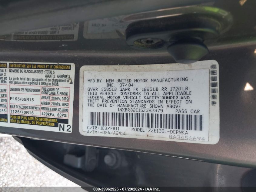 2005 Toyota Corolla Ce/Le/S VIN: 1NXBR32E15Z382379 Lot: 39962925