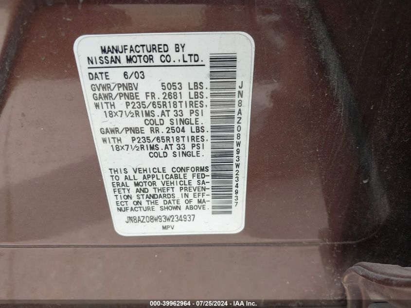 2003 Nissan Murano Sl VIN: JN8AZ08W93W234937 Lot: 39962964