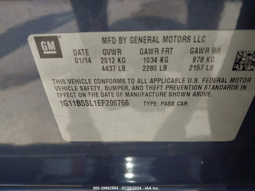 2014 Chevrolet Malibu 1Ls VIN: 1G11B5SL1EF206766 Lot: 39962984