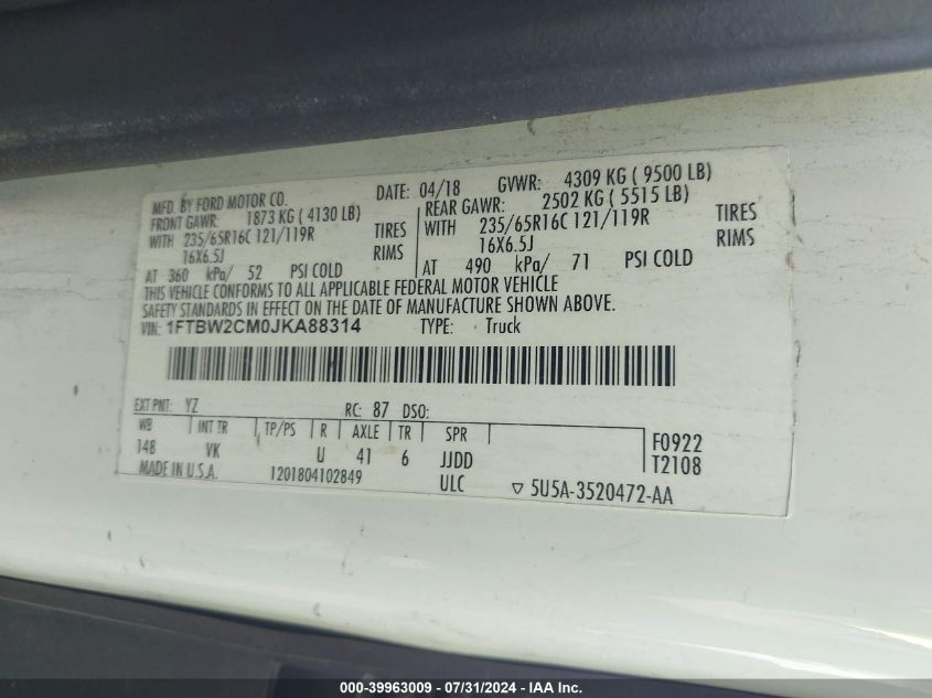 2018 Ford Transit-350 T-350 VIN: 1FTBW2CM0JKA88314 Lot: 39963009