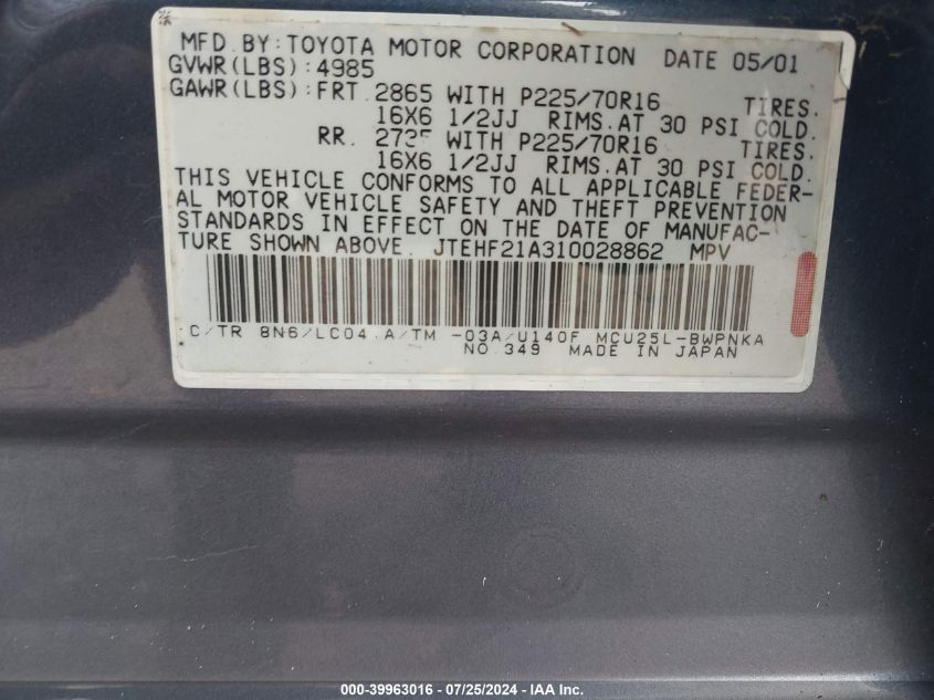 2001 Toyota Highlander V6 VIN: JTEHF21A310028862 Lot: 39963016