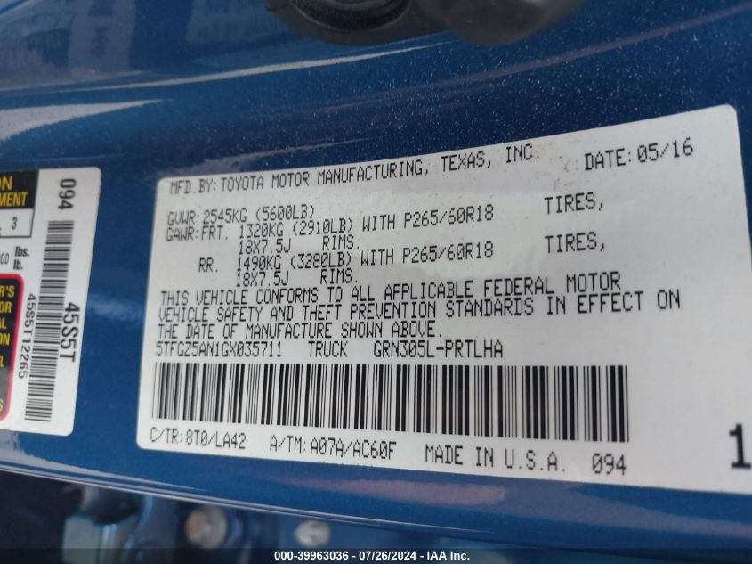 2016 Toyota Tacoma Double Cab/Ltd VIN: 5TFGZ5AN1GX035711 Lot: 39963036