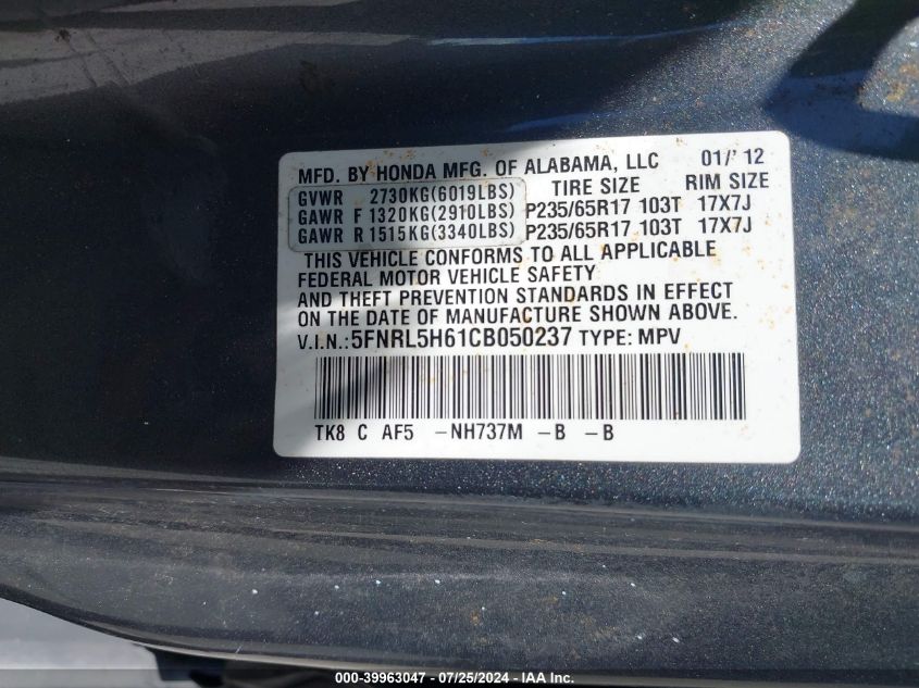 2012 Honda Odyssey Ex-L VIN: 5FNRL5H61CB050237 Lot: 39963047