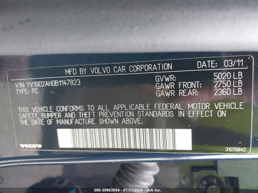 YV1902AH0B1147823 2011 Volvo S80 T6