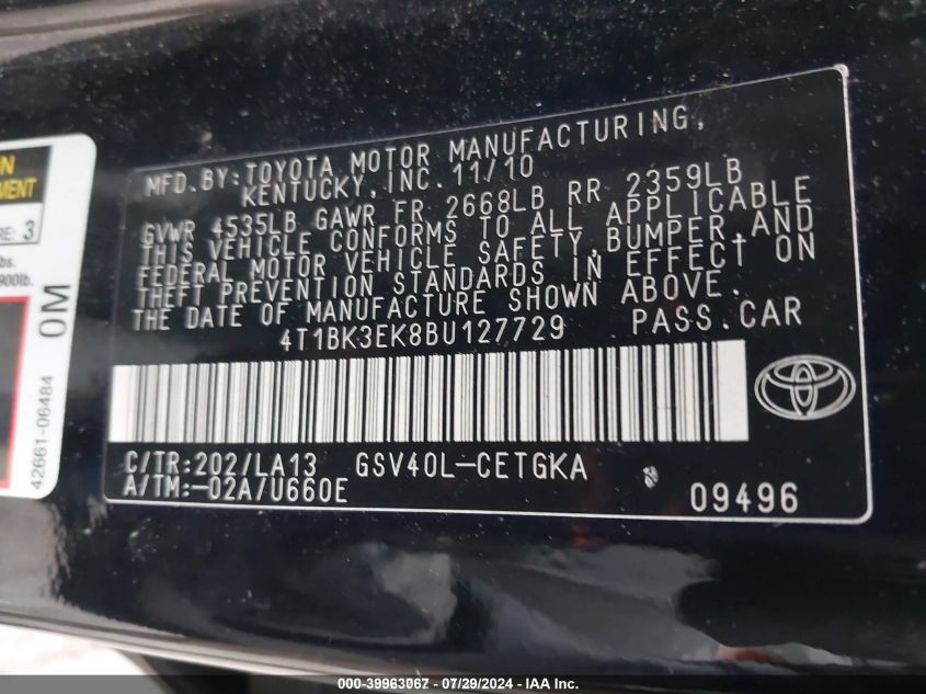 4T1BK3EK8BU127729 2011 Toyota Camry Xle V6