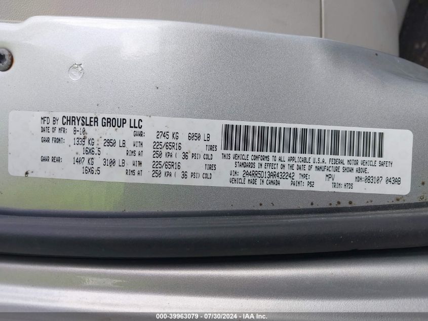 2010 Chrysler Town & Country Touring VIN: 2A4RR5D13AR432242 Lot: 39963079