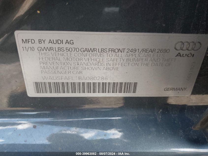 2011 Audi A4 2.0T Premium VIN: WAUSFAFL1BA080286 Lot: 39963082