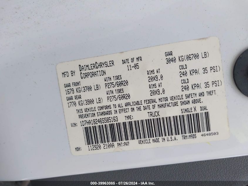 2006 Dodge Ram 1500 Slt VIN: 1D7HA18246S585163 Lot: 39963085