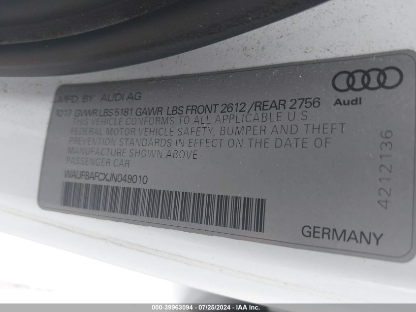 2018 Audi A6 2.0T Premium/2.0T Sport VIN: WAUF8AFCXJN049010 Lot: 39963094