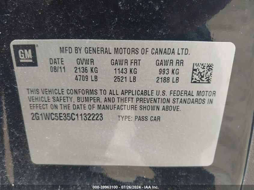 2012 Chevrolet Impala Ltz VIN: 2G1WC5E35C1132223 Lot: 39963100