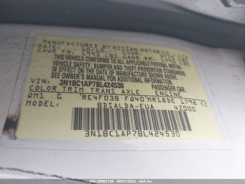 2011 Nissan Versa 1.8S VIN: 3N1BC1AP7BL424530 Lot: 39963106