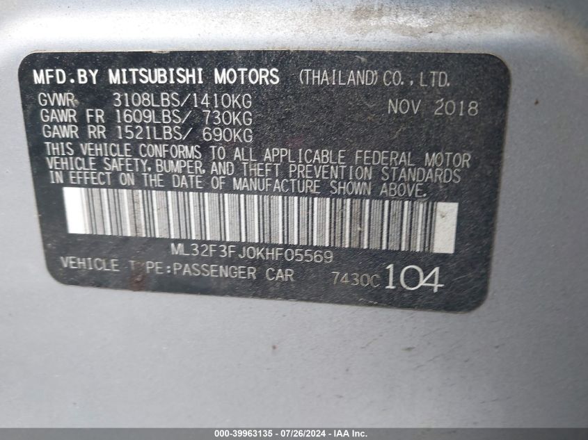 2019 Mitsubishi Mirage G4 G4 Es VIN: ML32F3FJ0KHF05569 Lot: 39963135