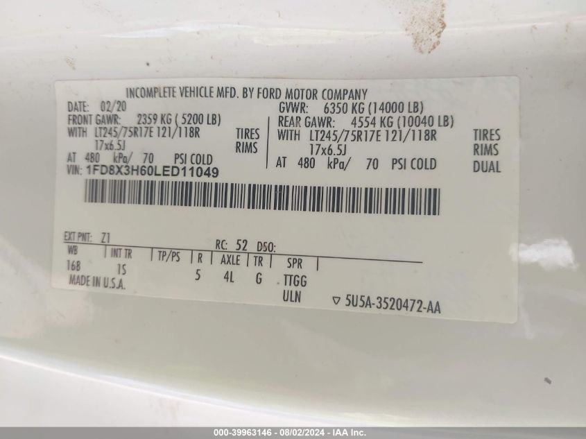 2020 Ford F350 Super Duty VIN: 1FD8X3H60LED11049 Lot: 39963146