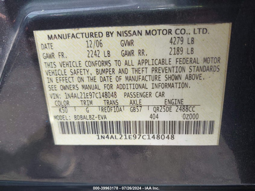 2007 Nissan Altima 2.5/2.5S VIN: 1N4AL21E97C148048 Lot: 39963178