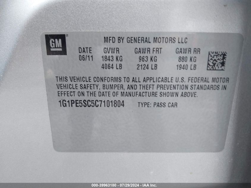 2012 Chevrolet Cruze Lt VIN: 1G1PE5SC5C7101804 Lot: 39963180