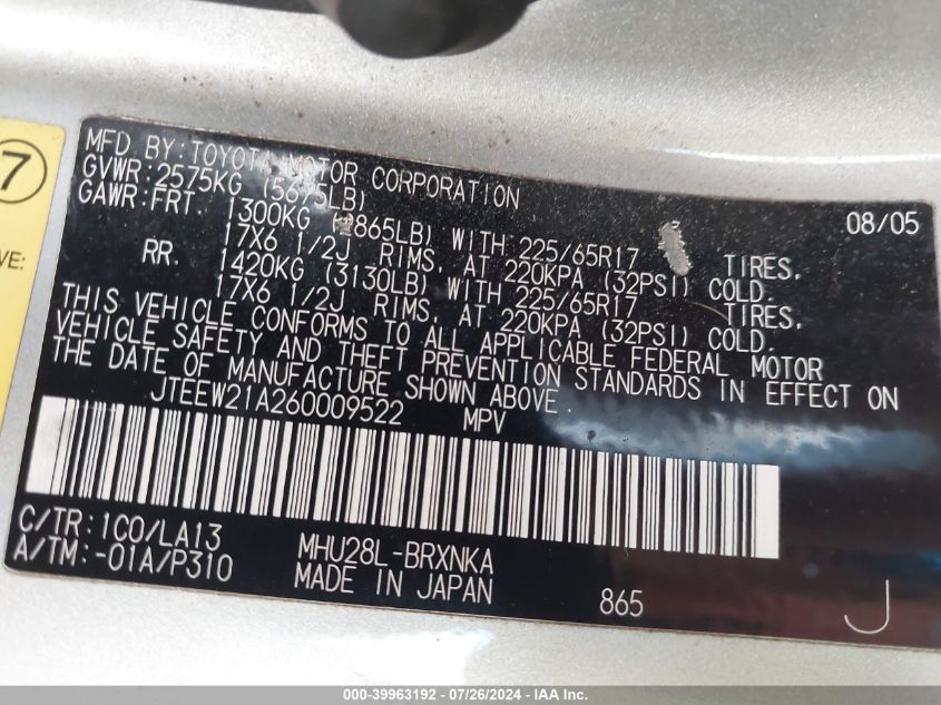 2006 Toyota Highlander Hybrid Limited V6/V6 (Ecvt) VIN: JTEEW21A260009522 Lot: 39963192