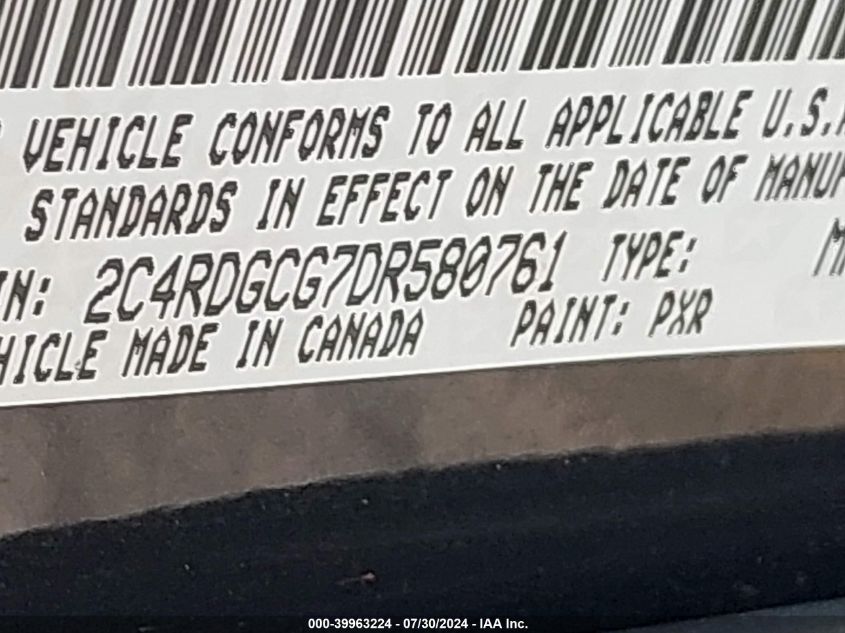 2013 Dodge Grand Caravan Sxt VIN: 2C4RDGCG7DR580761 Lot: 39963224
