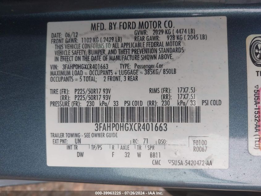 2012 Ford Fusion Se VIN: 3FAHP0HGXCR401663 Lot: 39963225