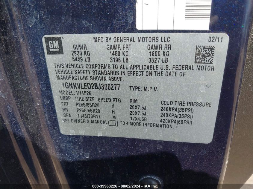 2011 Chevrolet Traverse Ltz VIN: 1GNKVLED2BJ300277 Lot: 39963226