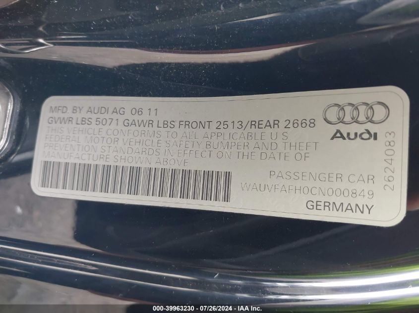 WAUVFAFH0CN000849 2012 Audi A5 2.0T Premium