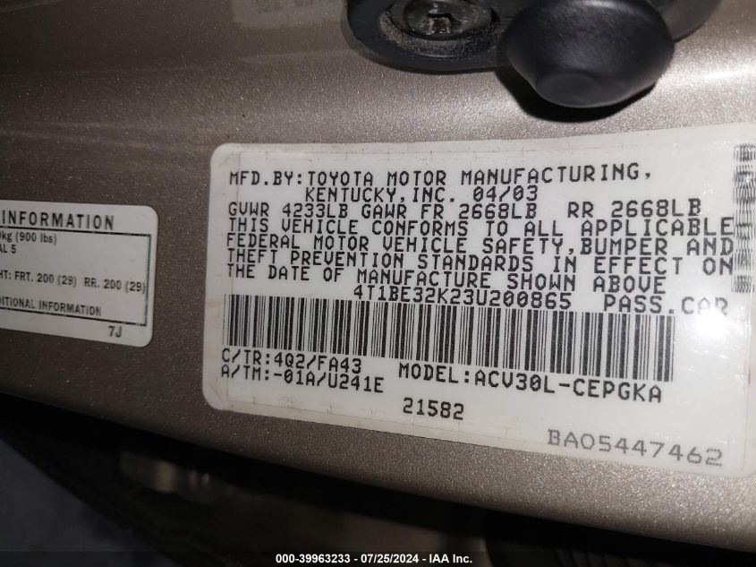 2003 Toyota Camry Xle VIN: 4T1BE32K23U200865 Lot: 39963233