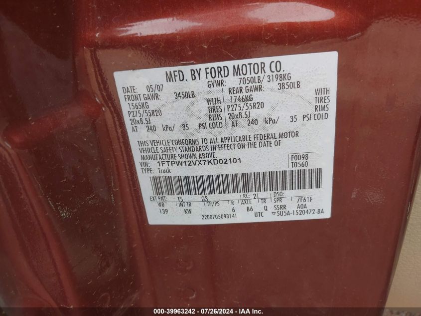 2007 Ford F-150 Lariat/Xlt VIN: 1FTPW12VX7KD02101 Lot: 39963242