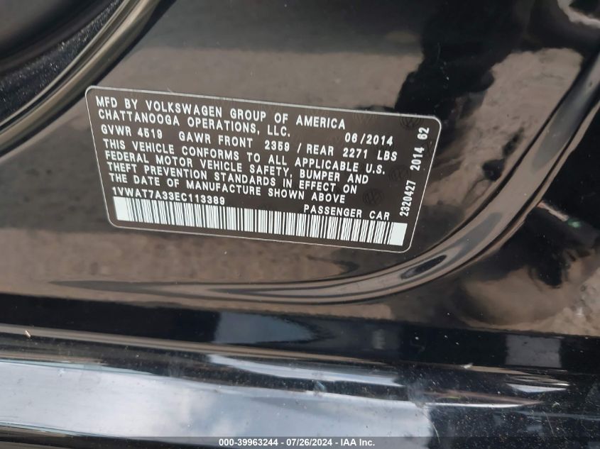 2014 Volkswagen Passat 1.8T Wolfsburg Edition VIN: 1VWAT7A33EC113389 Lot: 39963244