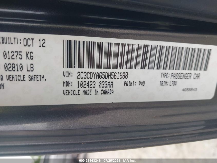 2013 Dodge Challenger Sxt VIN: 2C3CDYAG5DH561988 Lot: 39963249