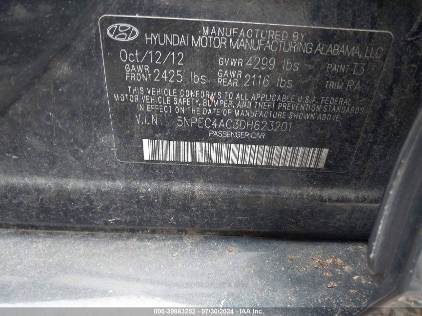 2013 Hyundai Sonata Se VIN: 5NPEC4AC3DH623201 Lot: 39963252