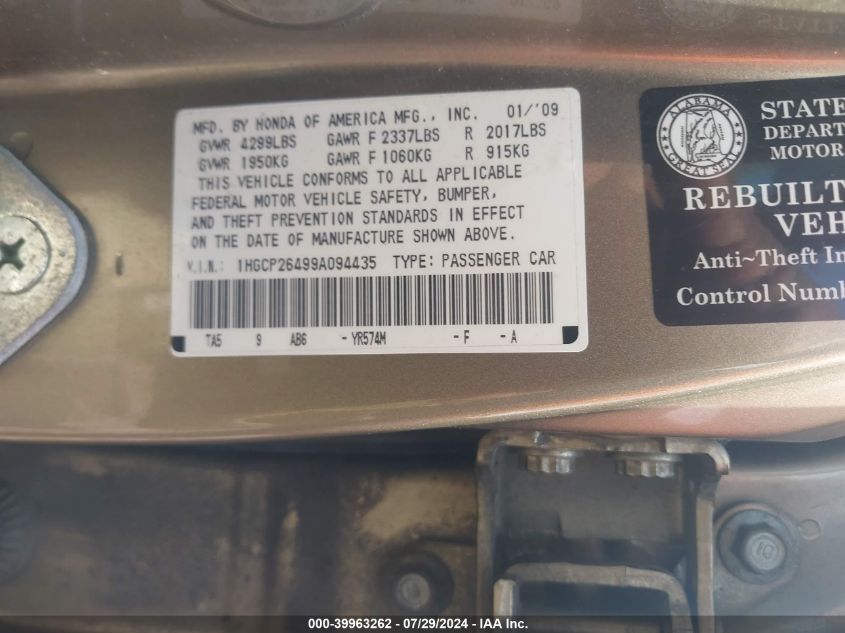 2009 Honda Accord 2.4 Lx-P VIN: 1HGCP26499A094435 Lot: 39963262