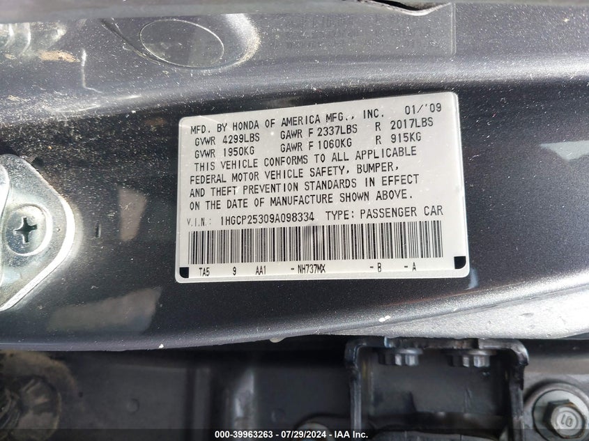 2009 Honda Accord 2.4 Lx VIN: 1HGCP25309A098334 Lot: 39963263