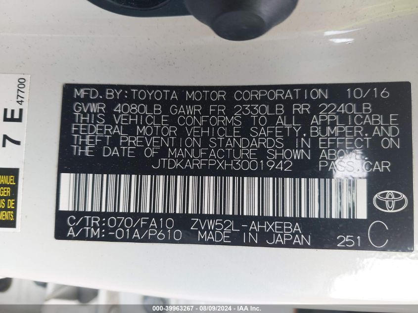 2017 Toyota Prius Prime Plus VIN: JTDKARFPXH3001942 Lot: 39963267