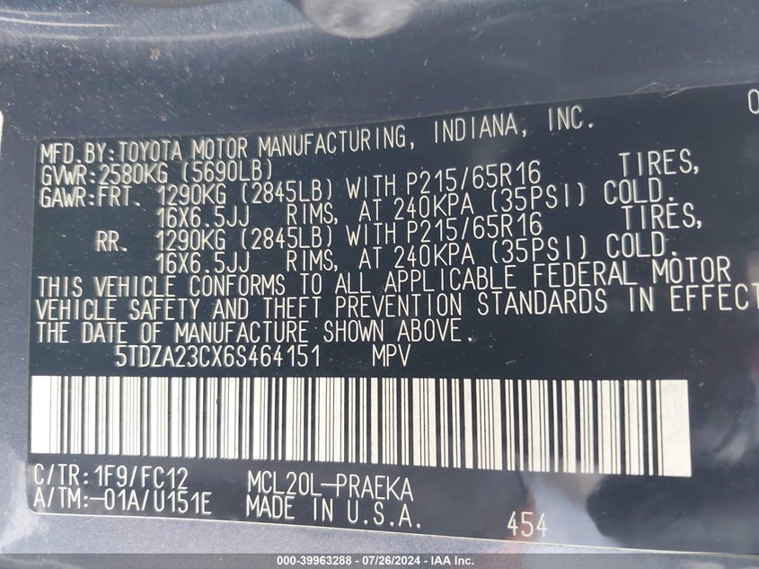 2006 Toyota Sienna Le VIN: 5TDZA23CX6S464151 Lot: 39963288