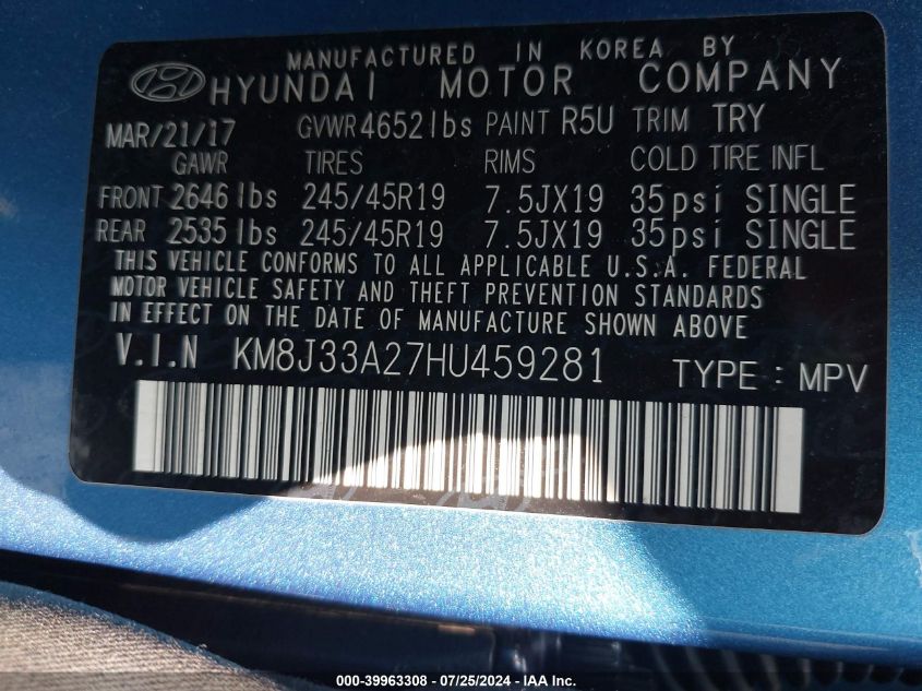2017 Hyundai Tucson Sport VIN: KM8J33A27HU459281 Lot: 39963308