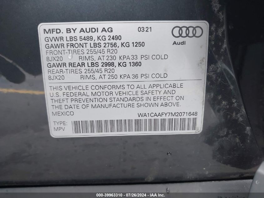 2021 Audi Q5 Prestige VIN: WA1CAAFY7M2071648 Lot: 39963310