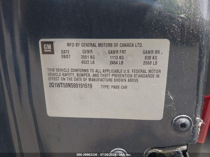2008 Chevrolet Impala Lt VIN: 2G1WT58N589191519 Lot: 39963330