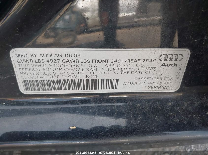 2010 Audi A4 2.0T Premium VIN: WAUBFAFL5AN006442 Lot: 39963345