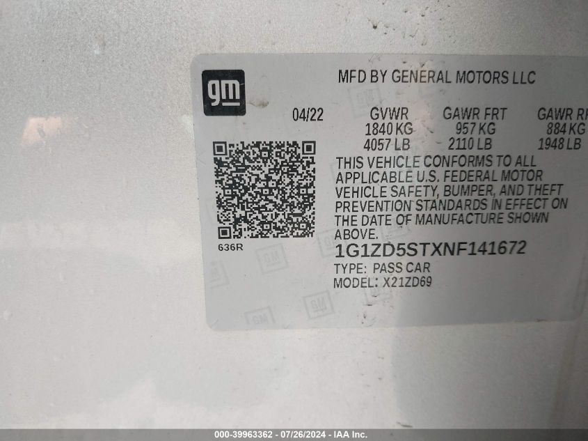 2022 Chevrolet Malibu Fwd Lt VIN: 1G1ZD5STXNF141672 Lot: 39963362